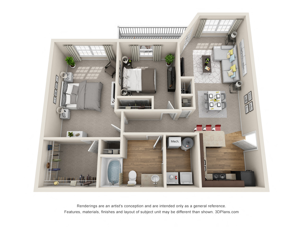 Floor plan for 2 beds, 1 bath, 1105 sqft